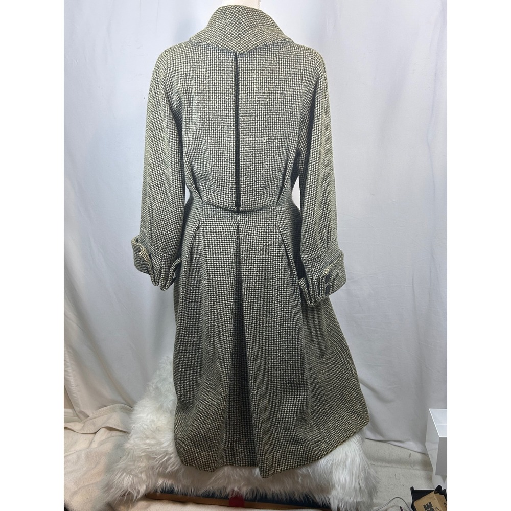 Vintage Great Britain Green White Tweed Wool Maxi Coat Long Trench Jacket Womens - Picture 13 of 16
